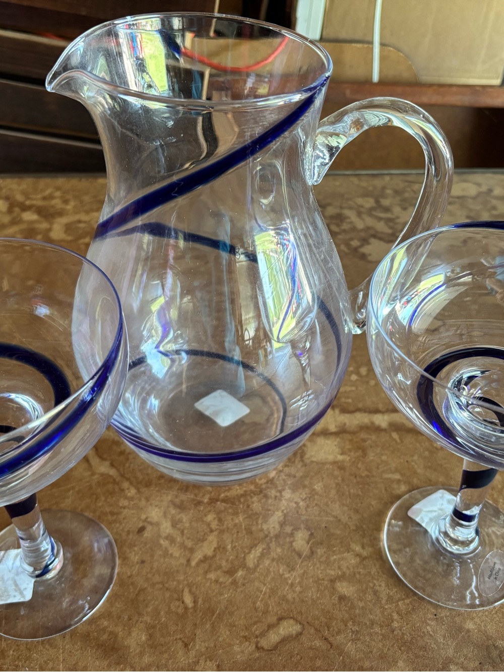 Pier 1 Swirline Blue Pitcher & Margarita Glasses